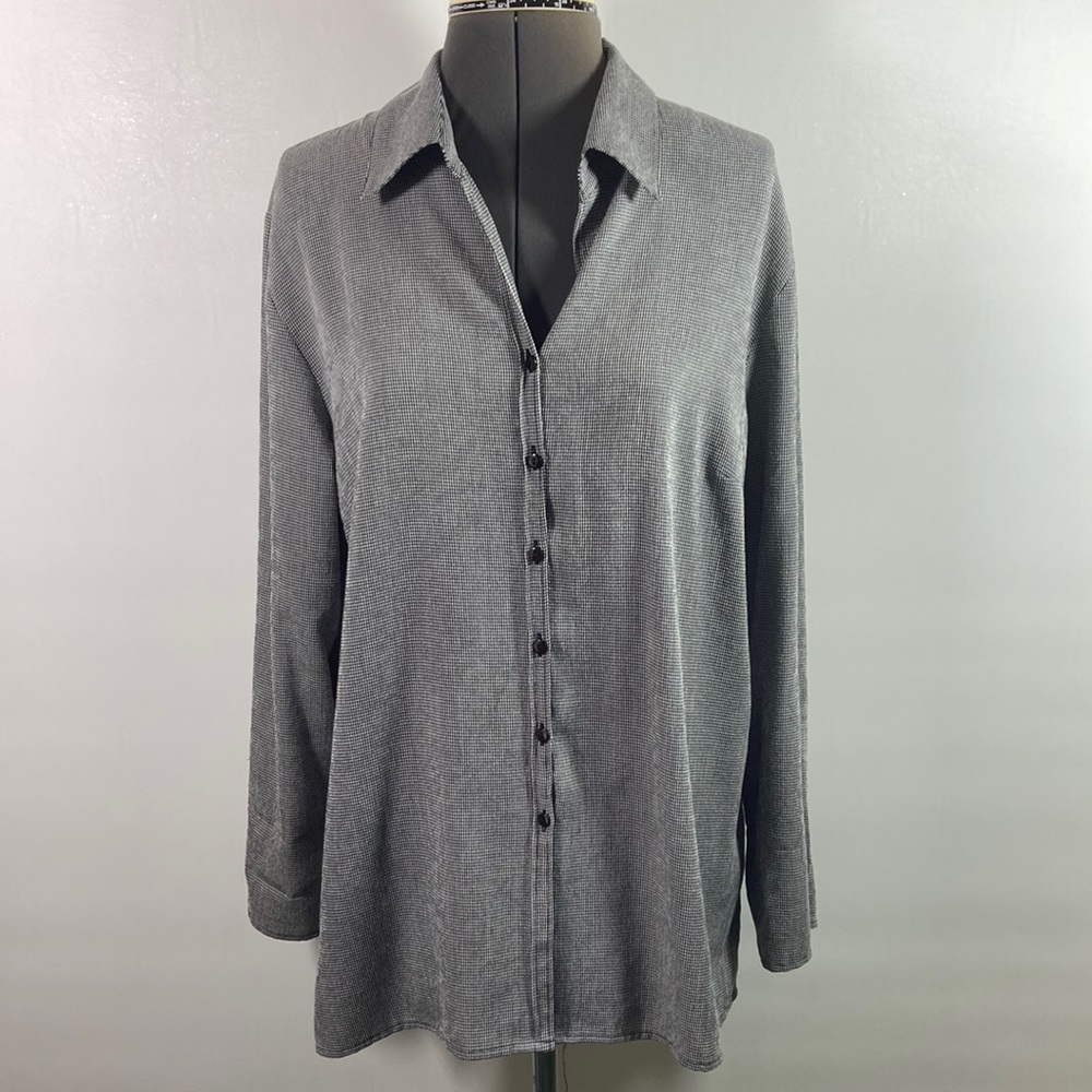 Fred David Long Tab Sleeves Button Front Black & White Checked Top Size L